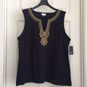Crown & Ivy Women's Top XXL Blue Embroidered Golden Thread Sleeveless Blouse